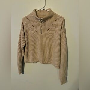 Love Tree Cropped Knit Sweater | Beige Quarter Zip | Cozy Fall Sweater | Size M
